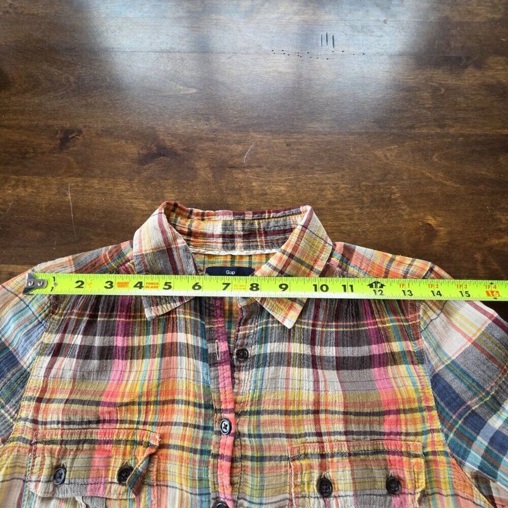 Gap Plaid Popover Shirt S Multicolor 100% Cotton Half Button Top Cinched Sleeve - Picture 5 of 9